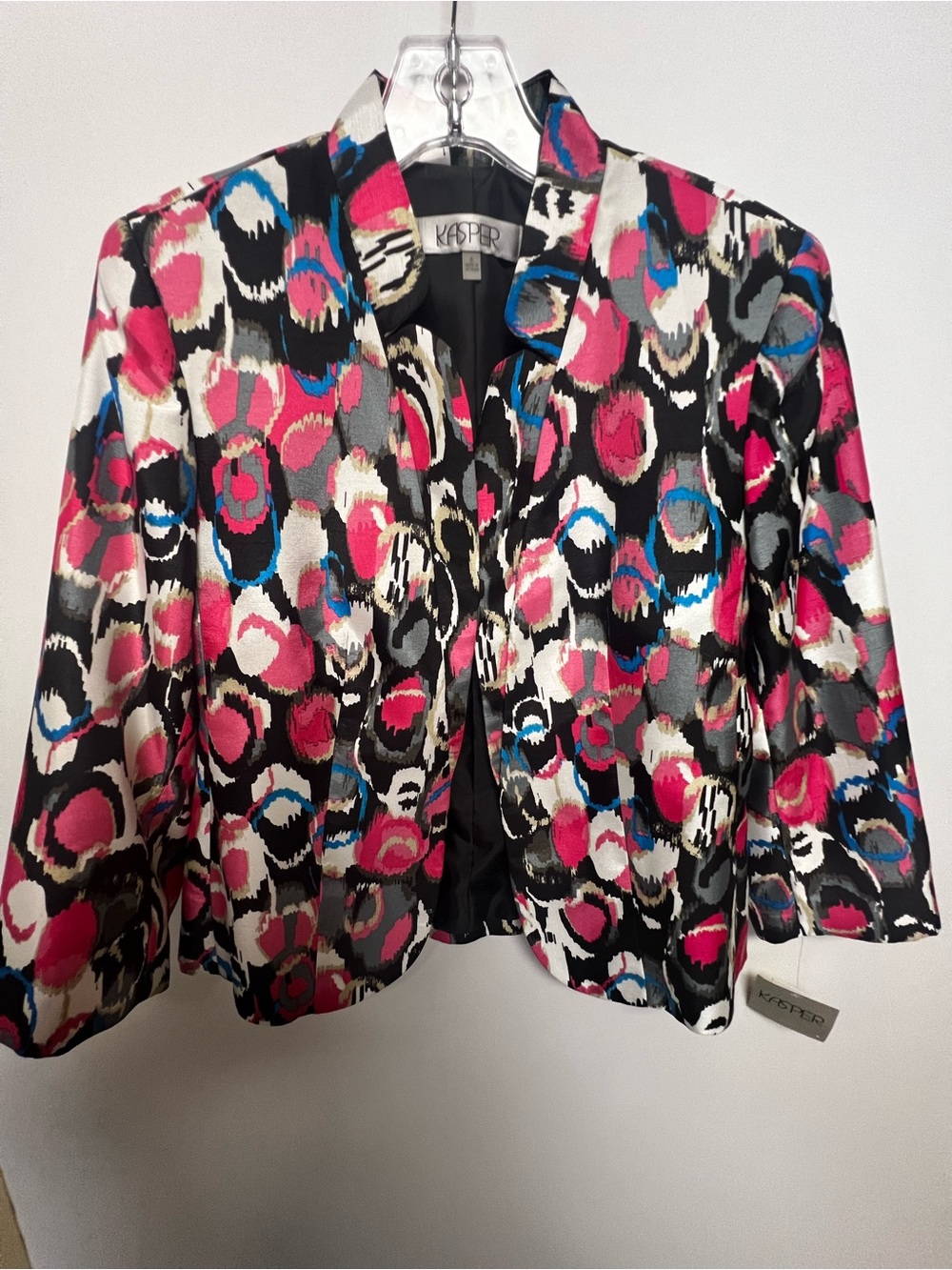 KASPER MULTICOLOR OPEN FRONT PRINTED BLAZER PINK/WHITE/BLACK/BLUE BLACK LINING - Picture 4 of 12